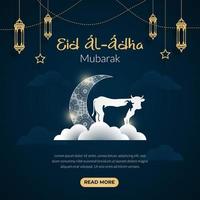 glad eid al adha mubarak firande banner med månen och ko get papper cut effekt på blå natt färg bakgrund. eid al adha mubarak muslimska firande dag vektor