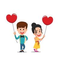 två barn som håller röda hjärta ballonger vektor
