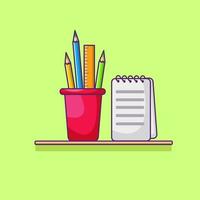 Stifte und Notizen auf dem Tisch, Icons für Schule und Studium, Illustrationen und Vektoren