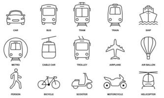 Symbolsatz für die Transportlinie. Lineares Symbol für öffentliche Verkehrsmittel. Umrisssymbol für Fahrzeug, Luft, Eisenbahn, Motorradtransport. Reise-Transport-Design. editierbarer Strich. isolierte vektorillustration. vektor