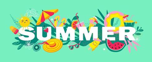 sommar humör vektor banner mall. sommarbanner med inslag som sol, frukt, glass, paraply, strandskor och palmblad.