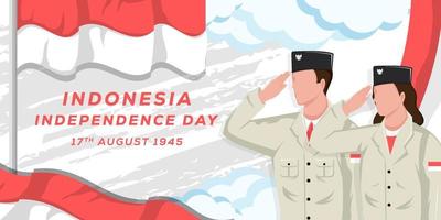 Indonesiens självständighetsdag 17 augusti med män och kvinnor som hälsar till den indonesiska flaggan vektor