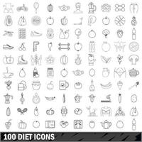 100 diet ikoner set, kontur stil vektor