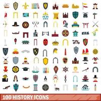 100 historia ikoner set, platt stil vektor