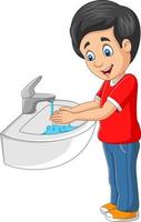 kleiner Junge, der seine Hände auf einem weißen Hintergrund wäscht vektor
