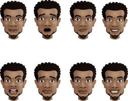 Reihe männlicher Gesichtsgefühle. schwarzer afroamerikanischer geschäftsmann mit unterschiedlichen gesichtsausdrücken vektor