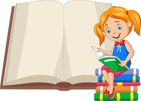 kleines Mädchen, das Bücher liest, die auf einem Stapel Bücher sitzen vektor