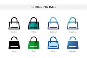 Einkaufstaschensymbol in verschiedenen Stilen. Einkaufstaschen-Vektorsymbole, die in Umrissen, soliden, farbigen, gefüllten, Farbverläufen und flachen Stilen entworfen wurden. Symbol, Logoabbildung. Vektor-Illustration vektor