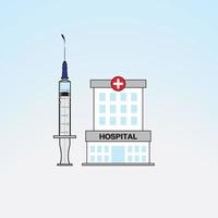 Abbildung einer Spritze und eines Krankenhauses auf einem hellblauen Hintergrund mit Farbverlauf. vektor