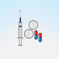 Illustration einer Spritze und Drogen auf einem hellblauen Hintergrund mit Farbverlauf. vektor