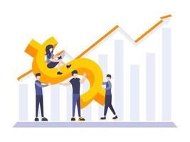 vektor investitionen erhöhende illustration. menschen erhöhen geldkapital und gewinn mit pfeildiagramm. geschäftsergebniskonzept.