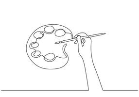 fortlaufende strichzeichnung kunstmalpalette und hand haltene pinsel. minimalismus handgezeichnete skizzenvektorillustration vektor