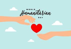 världens humanitära dag bakgrund med hand ge kärlek hjärta symbol vektor