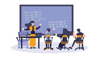 vektorillustration des lehrers unterrichtet dem schüler einen vortrag. konzept der mathematischen ausbildung, des studiums und des lernens. flache digitale illustration vektor