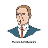 fortlaufende einzeilige zeichnung von mustafa kemal atatürk, berühmte menschen in der türkei. vektor