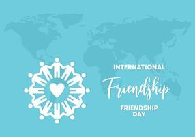 Banner-Poster zum internationalen Tag der Freundschaft mit Liebes- und Menschensymbol und Weltkarte isoliert auf blauem Hintergrund. vektor