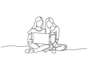 kontinuerlig en rad ritning av två flicka med laptop. unga kvinnor som arbetar och diskuterar vektor