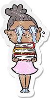 Distressed-Sticker einer weinenden Cartoon-Frau mit Brille vektor