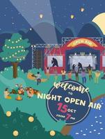 Vektor Willkommen zur Einladung zum Nacht-Open-Air-Festival. vertikales Bannerdesign mit Musikbühne und Menschen, die nachts tanzen. Party Einladung.