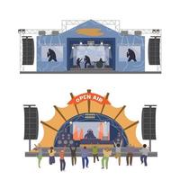 Vektor musikalische Open-Air-Festivalbühnen mit tanzenden Menschen. flache vektorillustration. isoliert auf weiß.