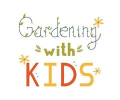 Gartenarbeit mit Kindervektorbanner. illustrationen von gartengeräten und werkzeugen, korb mit gemüse, sämlingen. vektor