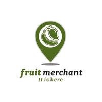 Stecknadelkarte der Obstladenpositionen mit Bananen- und Mangosymbolen. Obstmarktnavigation GPS-Logo-Vektor-Design-Inspiration vektor