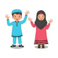 glücklicher süßer kleiner muslimischer kinderjunge und mädchen winken mit den händen und zeigen einen einladenden gruß, der ramadhan feiert vektor