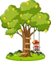 pojke spelar gunga under mangoträd vektor