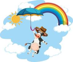 eine kuh, die regenschirm im himmel hält vektor