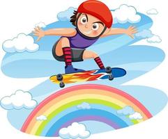 ein mädchen, das skateboard auf regenbogen spielt vektor