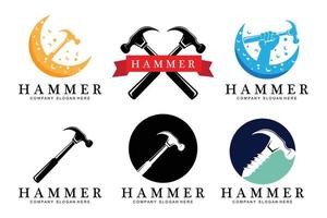 Hammer, Bauwerkzeuge und Richter-Logo-Vektorsymbol, Vintage-Retro-Design-Illustration vektor