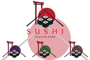 japansk sushi mat logotyp vektor, med en mängd olika skaldjur kött, bakgrundsdesign lämplig för klistermärken, screentryck, banderoller, flayers, företag vektor