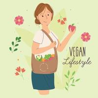 glückliche mädchenkarikaturfigur mit einem veganen lebensstilvektor der obst- und körbetasche