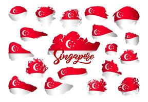 satz der singapur-flagge mit handbeschriftungslogo des landes. rote weiße Farbe. Form von Aquarellflecken. Vektor-Illustration. grafisches element des flyerdesigns, visitenkarte. vektor