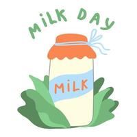 Bank mit Milch im Laub. 1. juni ist der feiertag der milch. gesundes Essen. Etikett, Etikett oder Design. Vektor-Illustration. vektor