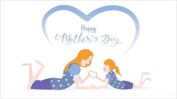 Happy Mother's Day Cute Child Tochter gratuliert Mama tanzen, spielen, lachen und Herzform-Symbol zeigen. flache Designart der bunten Vektorillustration. flacher Cartoon-Stil. - Vektor