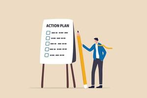 Aktionsplan Schritt für Schritt Checkliste zum Fortschritt und Abschluss von Projekten, Verfahren oder Aktionsschritten zur Entwicklung und Vervollständigung des Arbeitskonzepts, Geschäftsmann präsentiert Aktionsplan mit Checklistenschritt auf Whiteboard. vektor