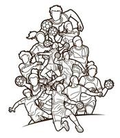 disposition grupp handbollsspelare manliga och kvinnliga tecknade sport action vektor