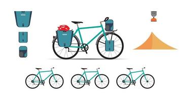 Fahrrad-Abenteuer-Geek-Reise-Lifestyle-Konzept der Planung eines Sommerurlaubs Tourismus- und Reisesymbol Fahrrad-Gebirgswald-moderne flache Design-Symbol-Vorlagen-Vektorillustration vektor