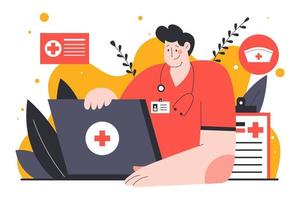 männliche krankenschwester, die flache illustration des laptops verwendet vektor
