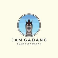 jam gadang med vintage och emblem stil logotyp ikon malldesign. landmärke, torn, klocka, bukit tinggi, indonesien, vektorillustration vektor