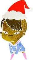 niedlicher Retro-Cartoon eines Mädchens mit Hipster-Haarschnitt mit Weihnachtsmütze vektor