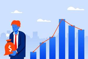 ledsen affärsman med diagramgrafpil nedåt, konkurskoncept, ekonomisk nedgång och global lågkonjunktur vektor