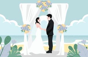 färgglada stranden bröllopsdag bruden och brudgummen par äktenskapsceremoni vektorillustration vektor