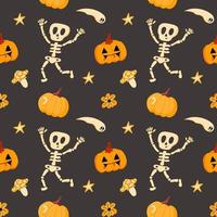vektormönster med ett roligt skelett, pumpor och spöken, i platt stil på en grå bakgrund. illustration för halloween, t-shirts, presentförpackning, vykort, banderoller vektor