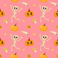 vektormönster med ett roligt skelett, pumpor och spöken, i platt stil på en rosa bakgrund. illustration för halloween, t-shirts, presentförpackning, vykort, banderoller vektor