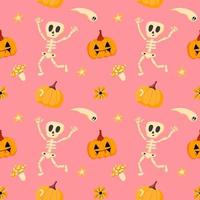 Vektormuster mit einem lustigen Skelett, Kürbissen und Geistern, in einem flachen Stil auf einem rosa Hintergrund. illustration für halloween, t-shirts, geschenkverpackung, postkarten, banner vektor