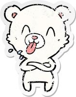 bedrövad klistermärke av en oförskämd tecknad isbjörn som sticker ut tungan vektor
