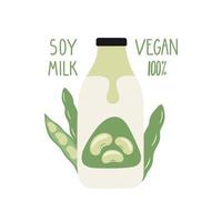 sojamjölk i en tecknad flaska. vegansk mjölk. förpackning. vektor handritad illustration.