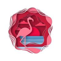 Silhouette des Flamingos im Origami-Stil. tropische Landschaft. Sonnenuntergang an der Küste. Vektor-Papierschnitt-Illustration. vektor